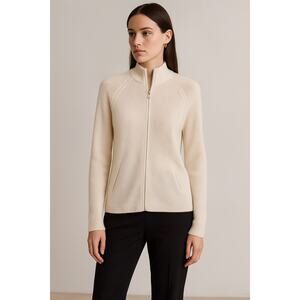 I. Magnin 2-Ply Cashmere Full Zip Cardigan Sweater Cream Ecru Small Stand Collar